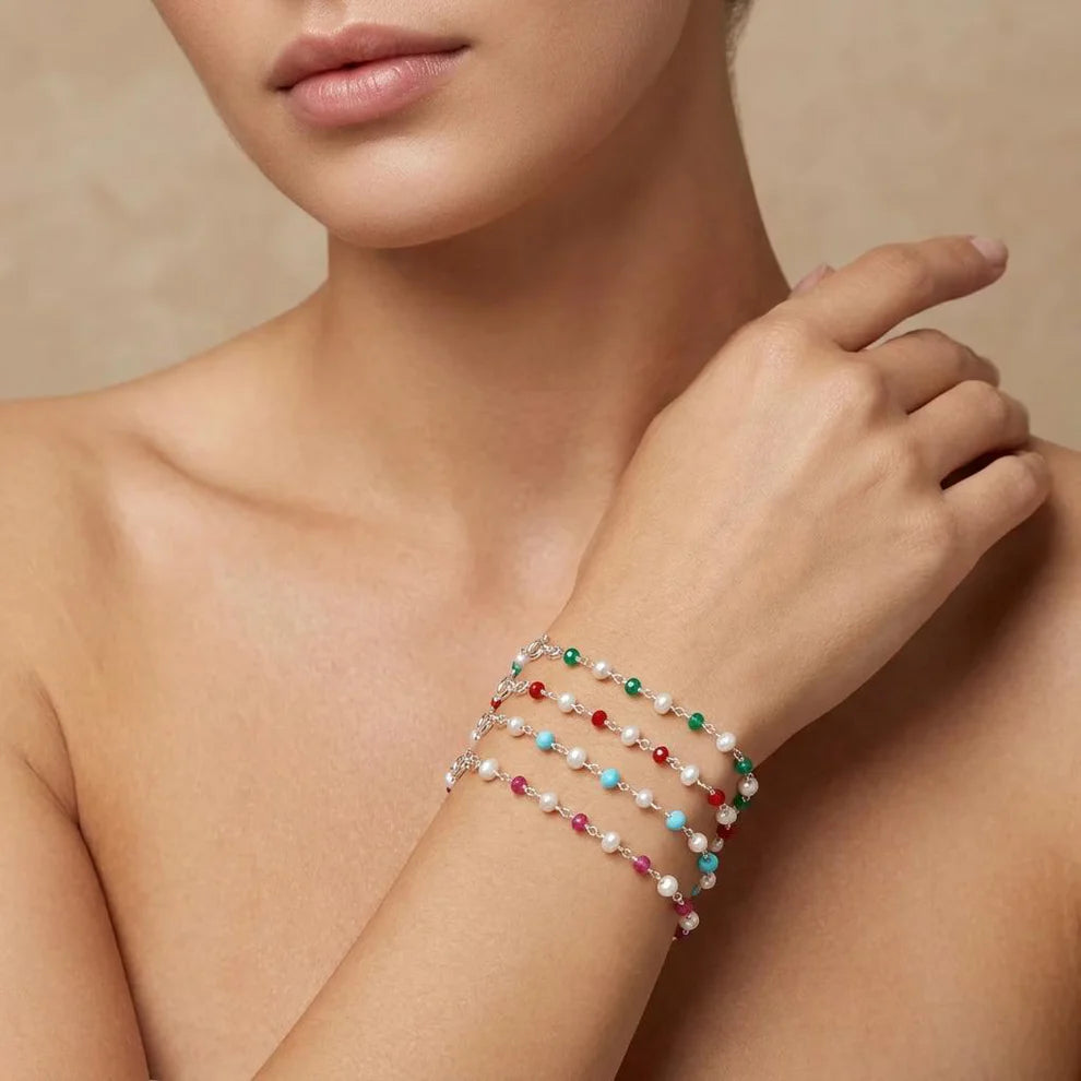 925 Sterling Silver Pearl & Multicolor Gemstone Bracelet – Elegant Ethnic Jewelry