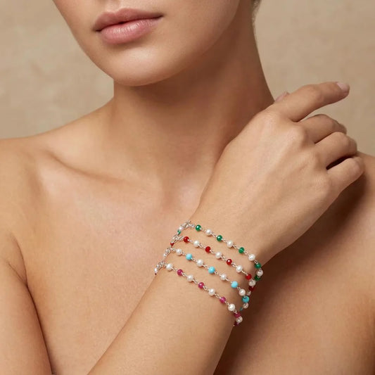 925 Sterling Silver Pearl & Multicolor Gemstone Bracelet – Elegant Ethnic Jewelry