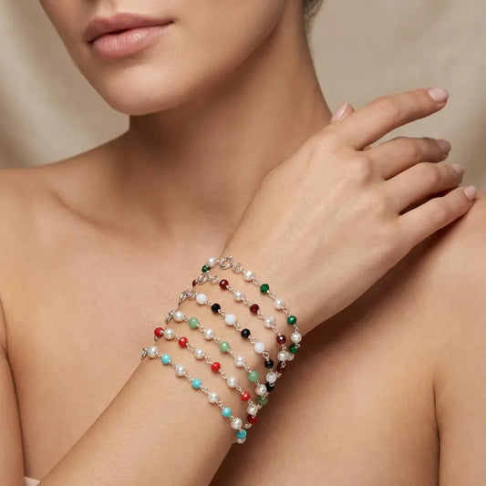 925 Silver Multi Chalcedony & Pearl Bracelet – Matching Necklace Available