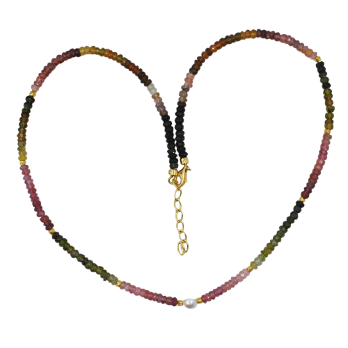 "Genuine multi tourmaline beaded necklace with 18-inch gold-plated sterling silver chain, featuring colorful round gemstone beads in a subtle rainbow gradient, handcrafted jewelry for women."