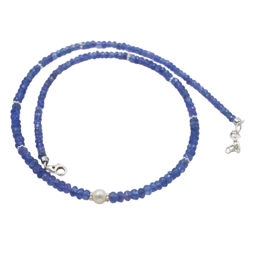 Tanzanite Beaded Necklace, Freshwater Pearl, 925 Sterling Silver