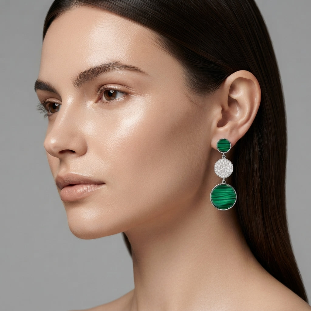 Malachite Cz Dangle Silver Stud Earring