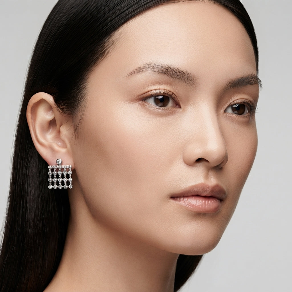 Cluster Cz Dangle Stud Silver Earring