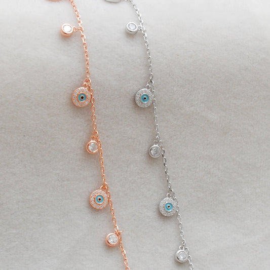 Cubic Zirconia Evil Eye Bracelet – 925 Silver, Rose Gold & Silver Plated, 8 Inch Gift for Wife