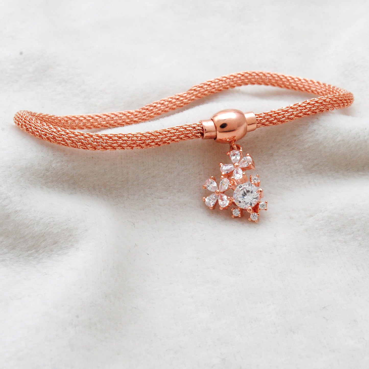 Cubic Zirconia Flower Mesh Bracelet – 925 Silver Jewelry – Birthday Gift for Her