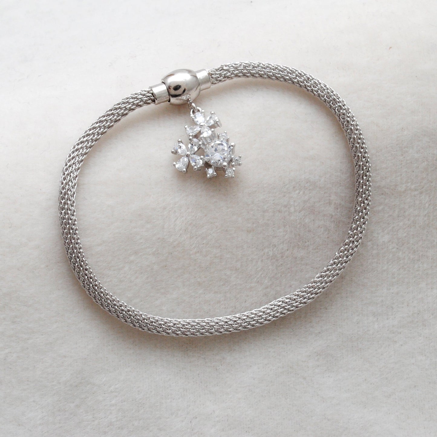 Cubic Zirconia Flower Mesh Bracelet – 925 Silver Jewelry – Birthday Gift for Her