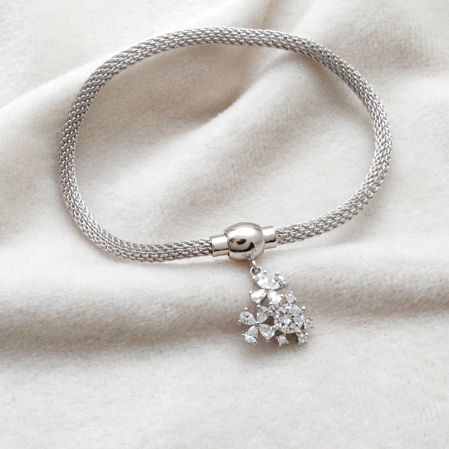 Cubic Zirconia Flower Mesh Bracelet – 925 Silver Jewelry – Birthday Gift for Her