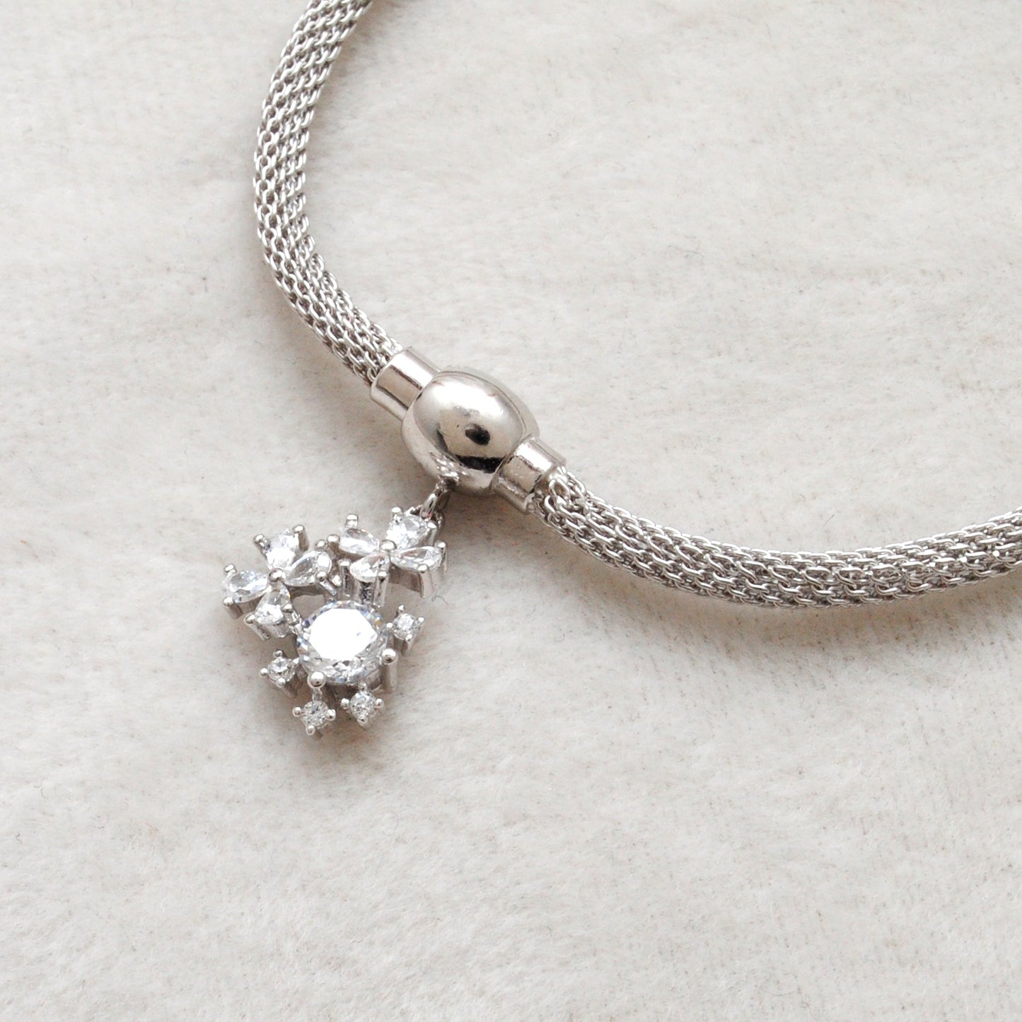 Cubic Zirconia Flower Mesh Bracelet – 925 Silver Jewelry – Birthday Gift for Her