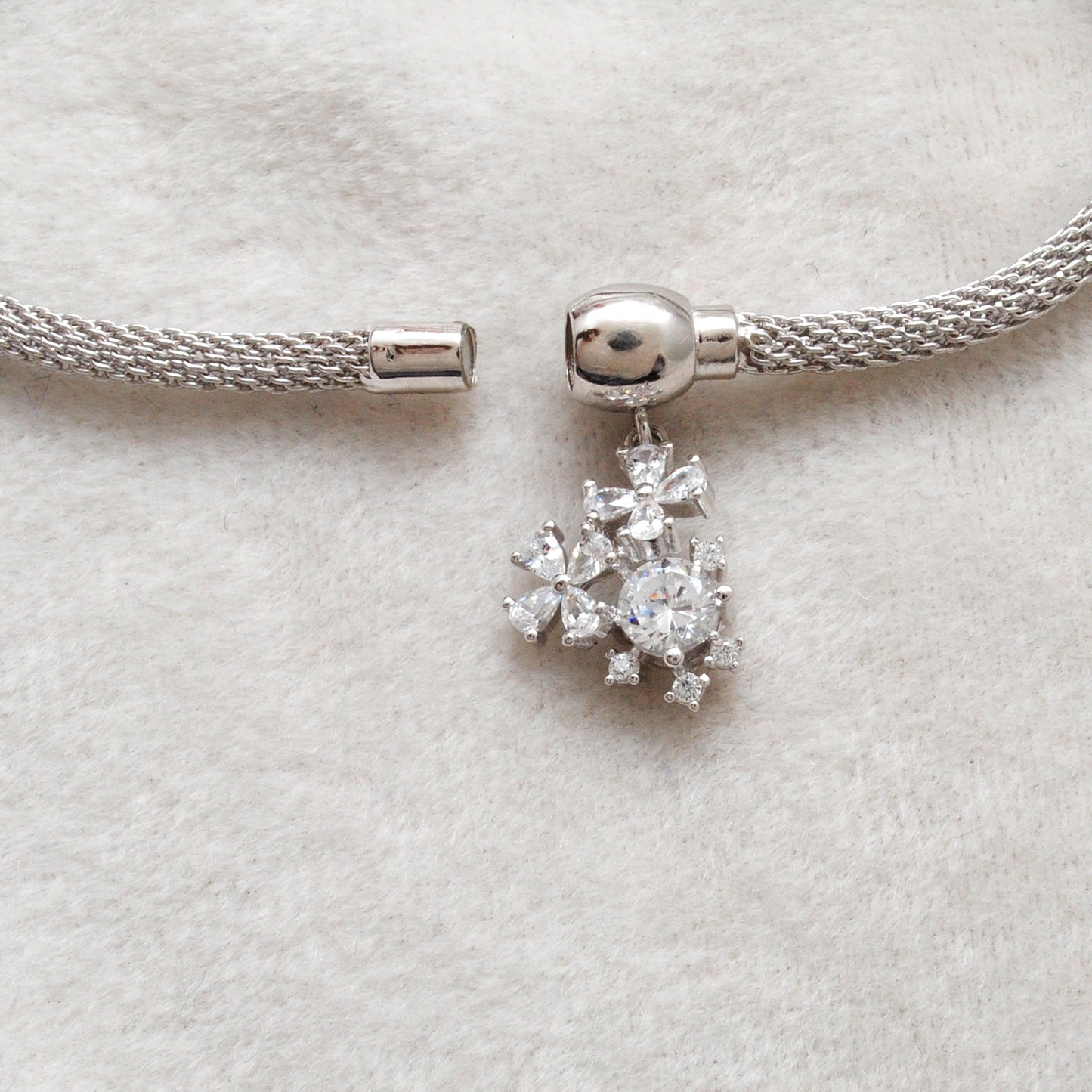 Cubic Zirconia Flower Mesh Bracelet – 925 Silver Jewelry – Birthday Gift for Her