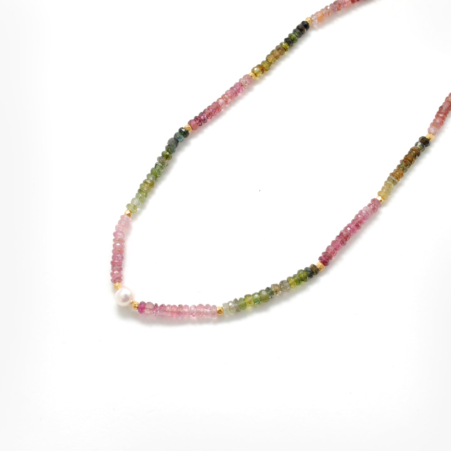 "Genuine multi tourmaline beaded necklace with 18-inch gold-plated sterling silver chain, featuring colorful round gemstone beads in a subtle rainbow gradient, handcrafted jewelry for women."