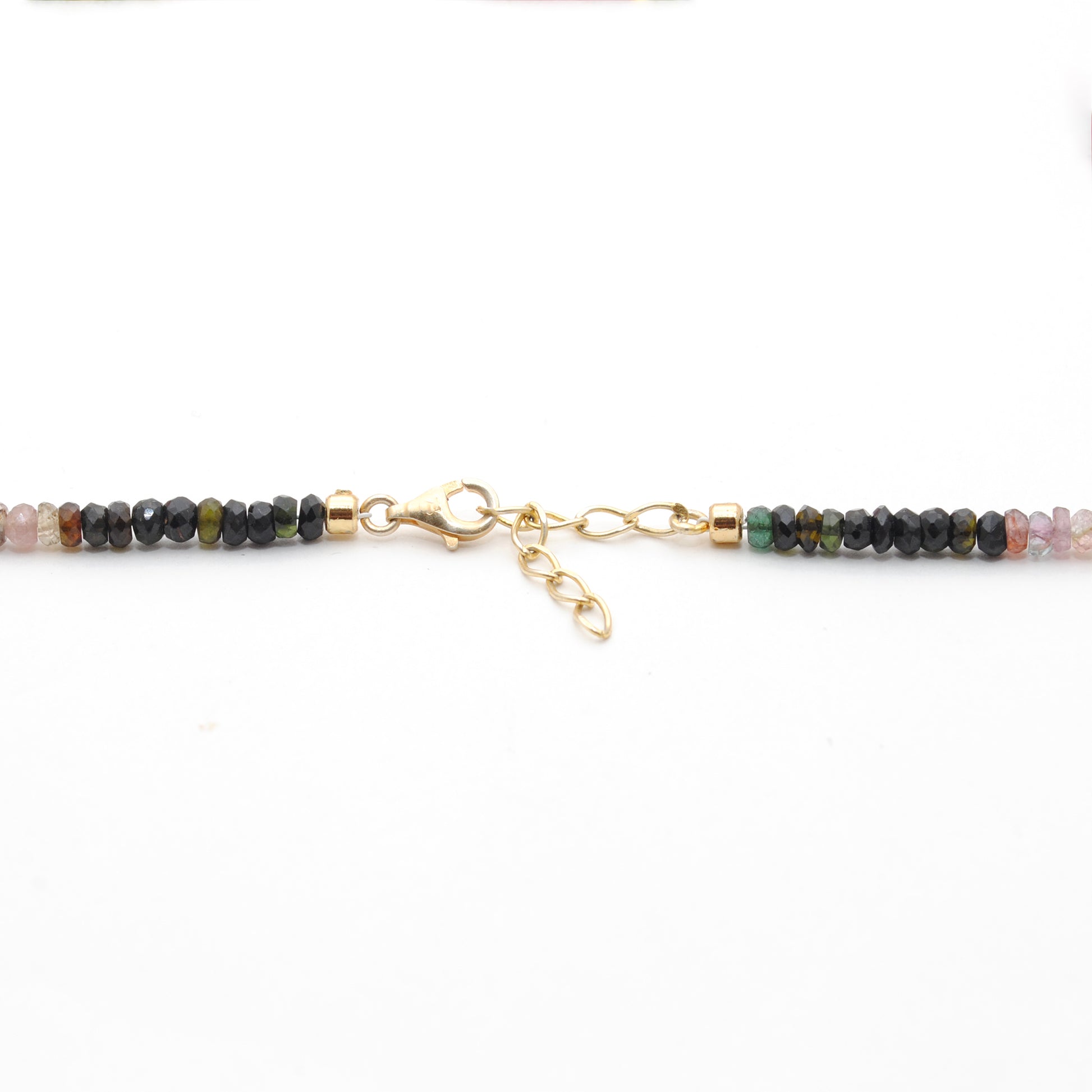 "Genuine multi tourmaline beaded necklace with 18-inch gold-plated sterling silver chain, featuring colorful round gemstone beads in a subtle rainbow gradient, handcrafted jewelry for women."