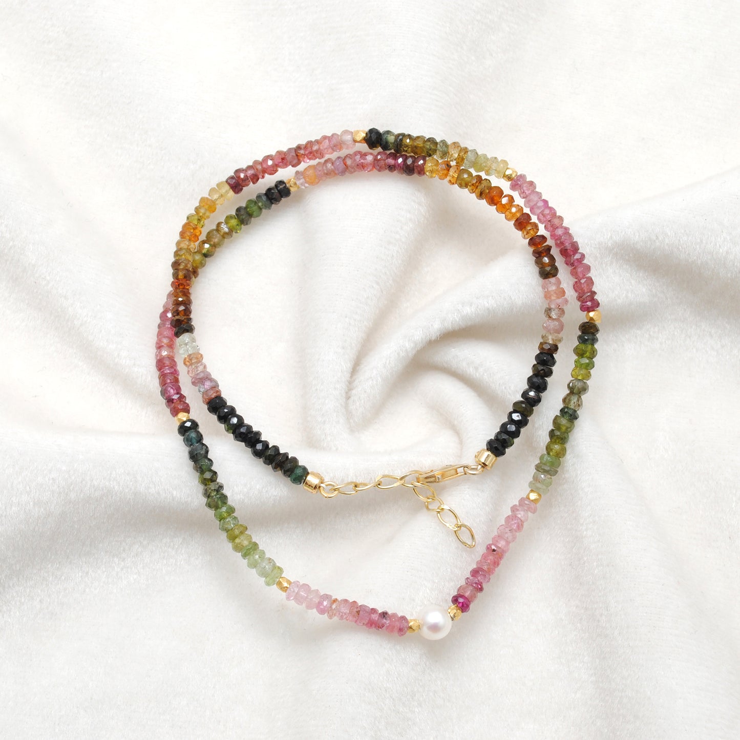 "Genuine multi tourmaline beaded necklace with 18-inch gold-plated sterling silver chain, featuring colorful round gemstone beads in a subtle rainbow gradient, handcrafted jewelry for women."