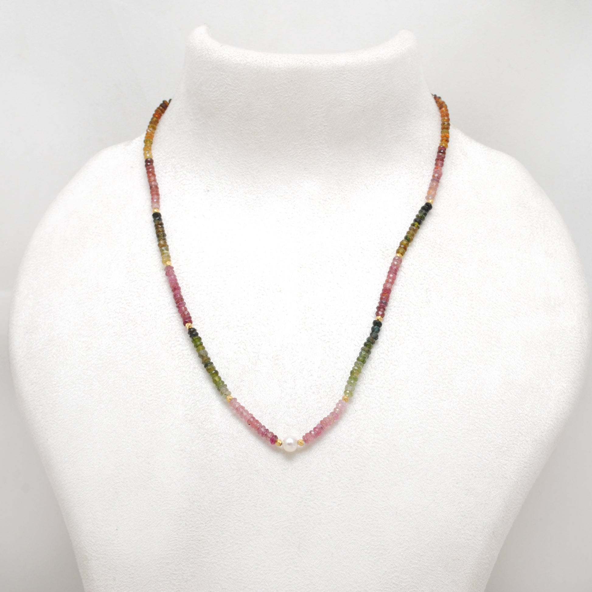 "Genuine multi tourmaline beaded necklace with 18-inch gold-plated sterling silver chain, featuring colorful round gemstone beads in a subtle rainbow gradient, handcrafted jewelry for women."