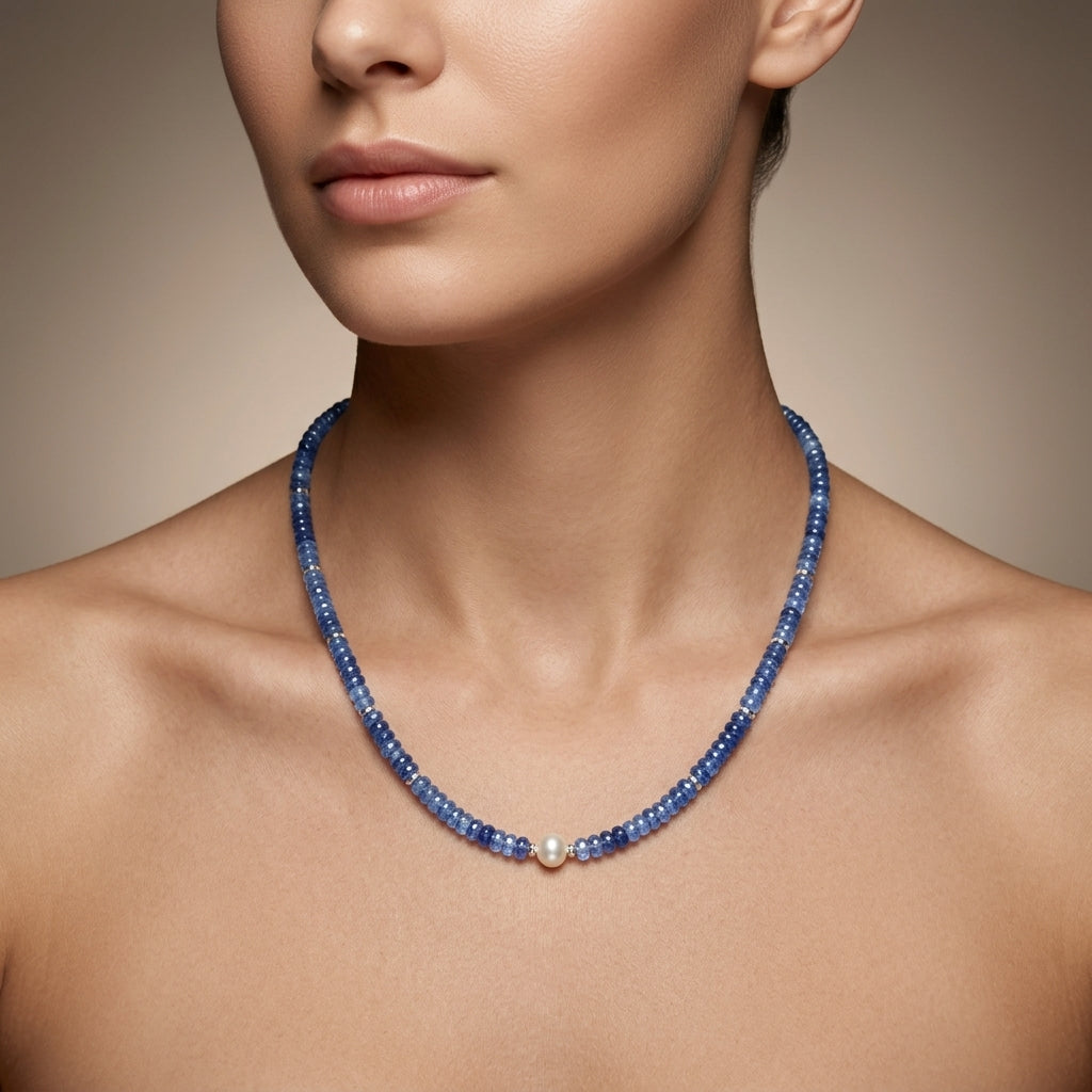 Genuine Blue Sapphire 5mm Faceted Beads With Pearl Necklace