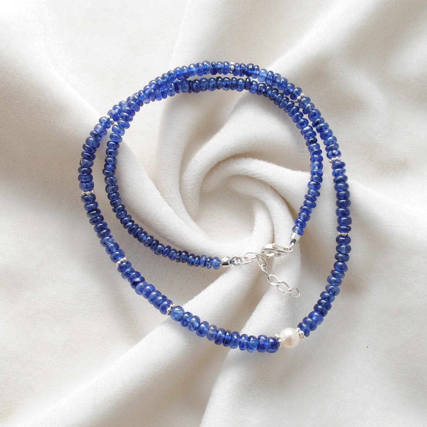 Genuine Blue Sapphire 5mm Faceted Beads With Pearl Necklace