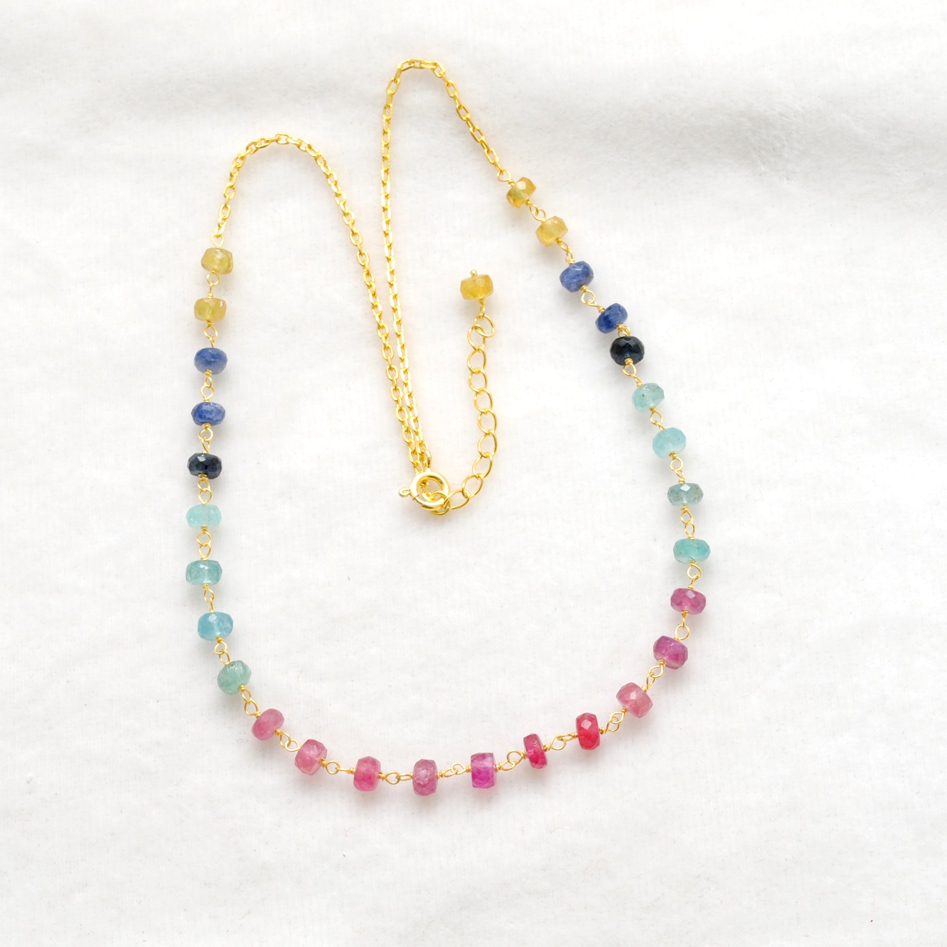"Multi sapphire rondelle beaded necklace with sterling silver clasp, 18 inch handmade colorful gemstone jewelry."