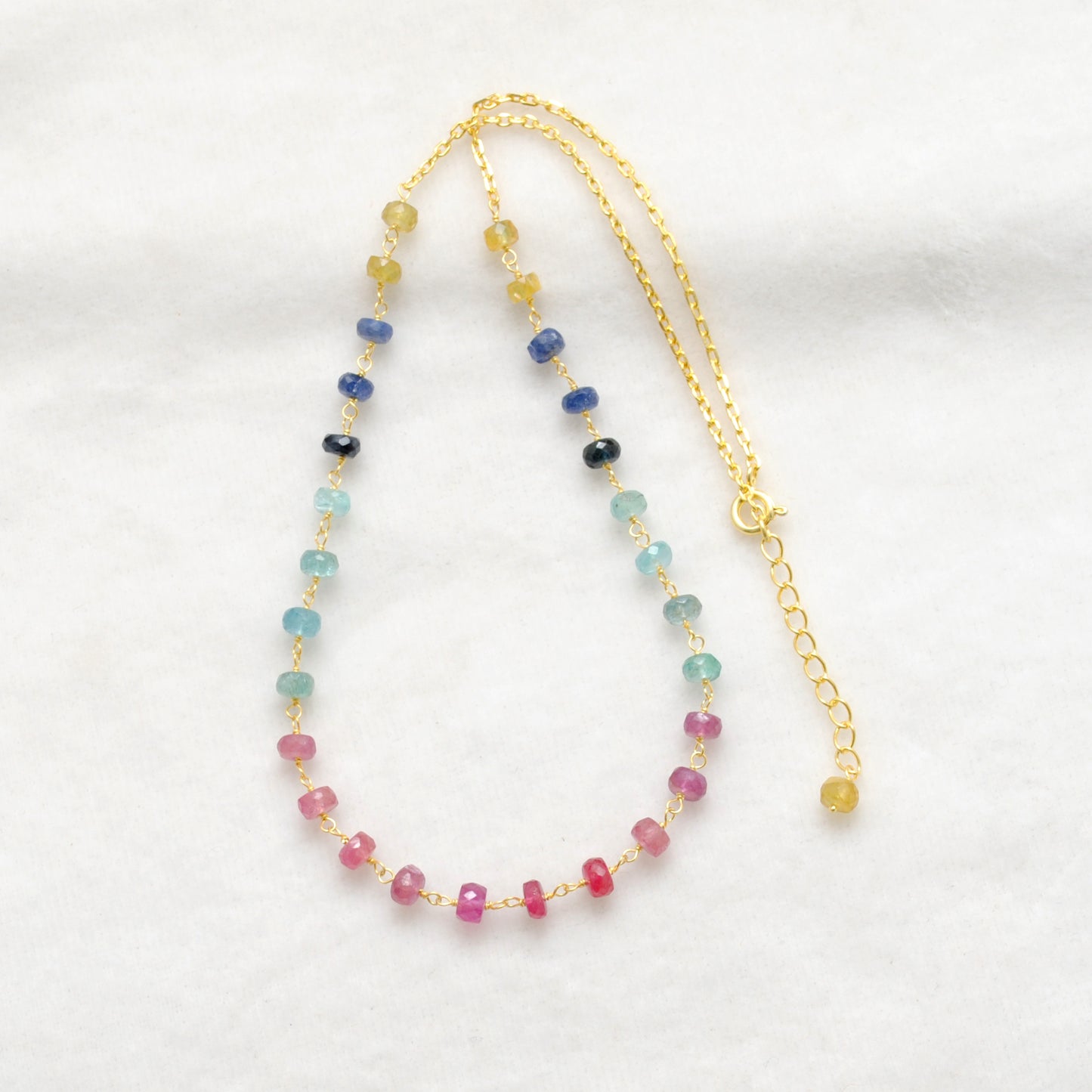 "Multi sapphire rondelle beaded necklace with sterling silver clasp, 18 inch handmade colorful gemstone jewelry."