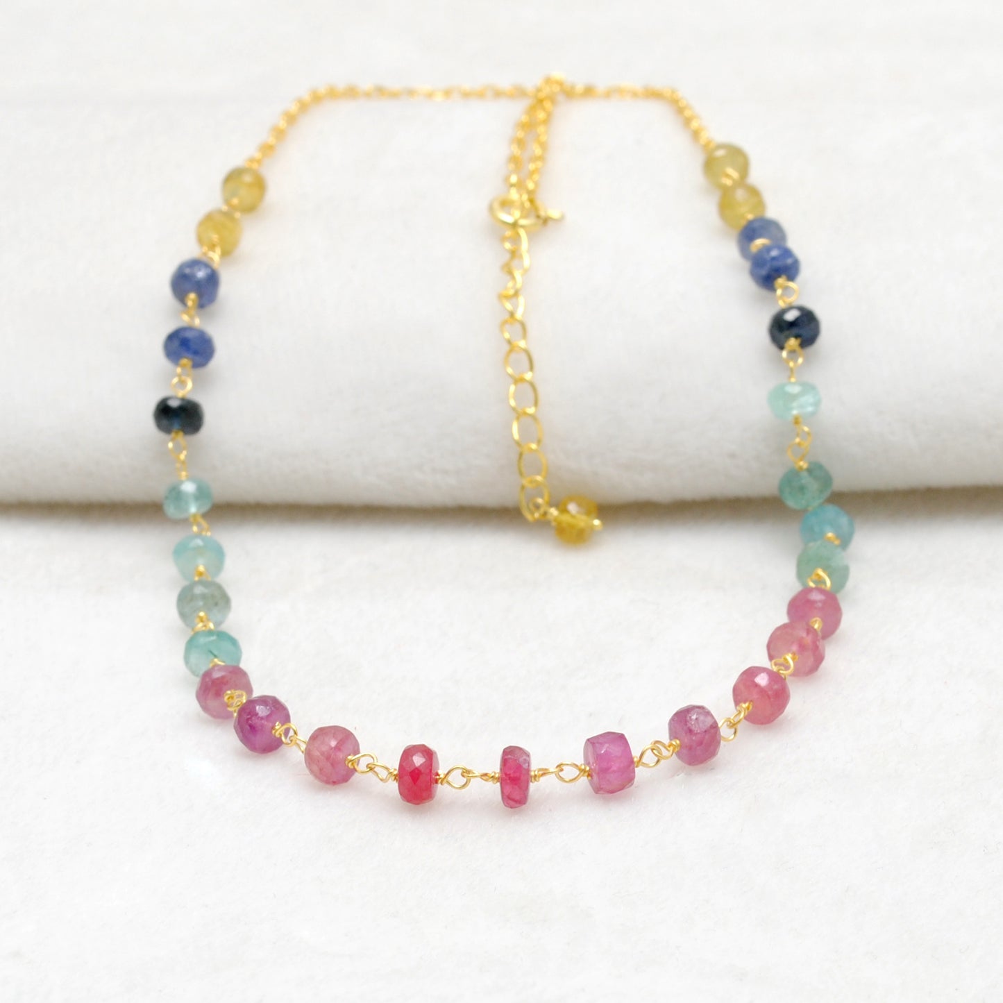"Multi sapphire rondelle beaded necklace with sterling silver clasp, 18 inch handmade colorful gemstone jewelry."