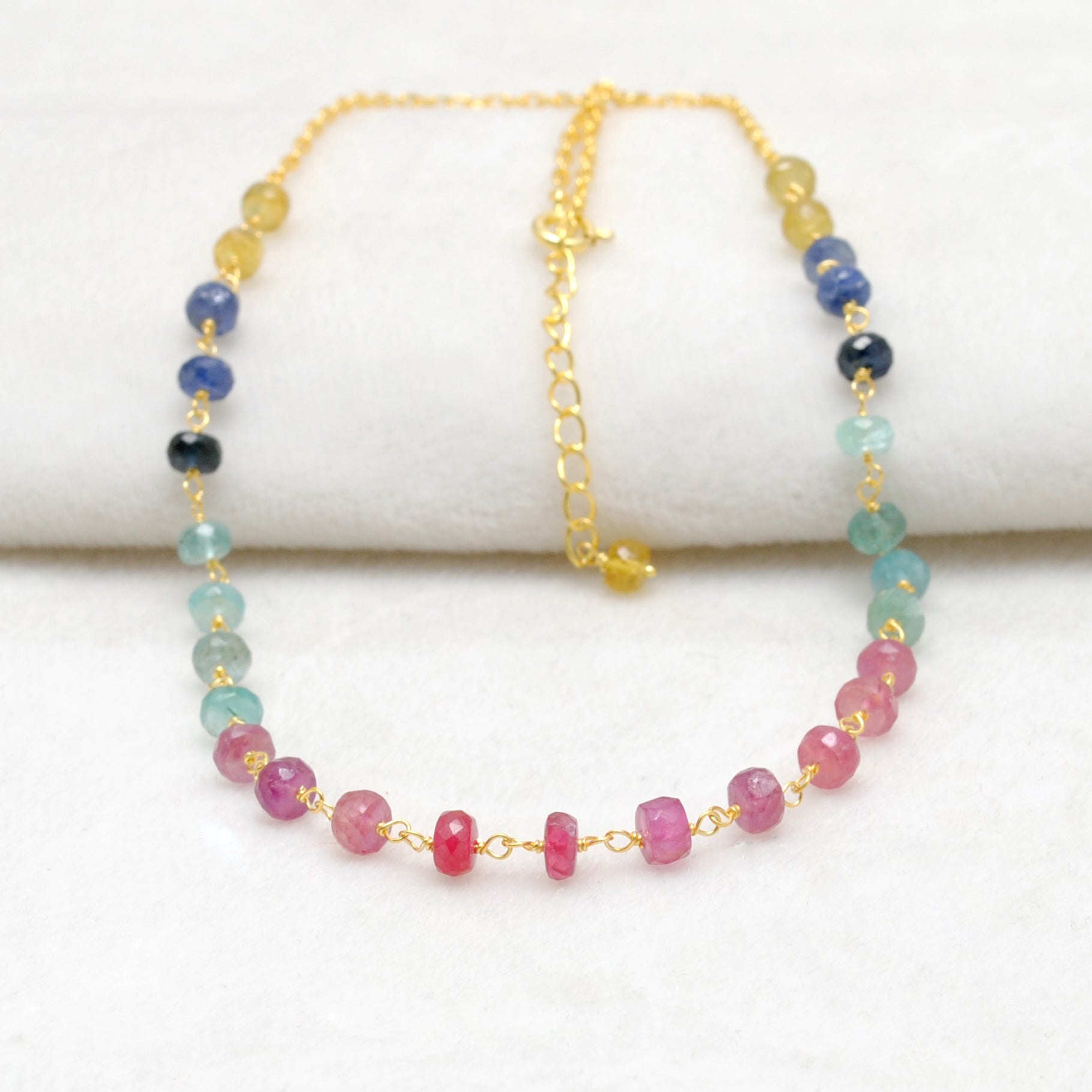 "Multi sapphire rondelle beaded necklace with sterling silver clasp, 18 inch handmade colorful gemstone jewelry."