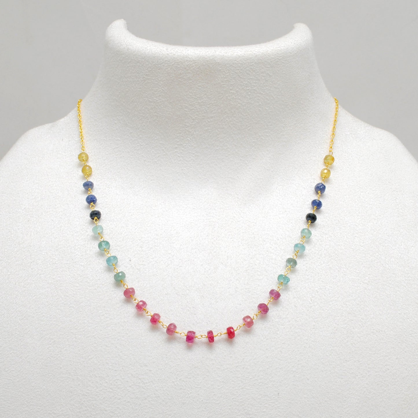 "Multi sapphire rondelle beaded necklace with sterling silver clasp, 18 inch handmade colorful gemstone jewelry."