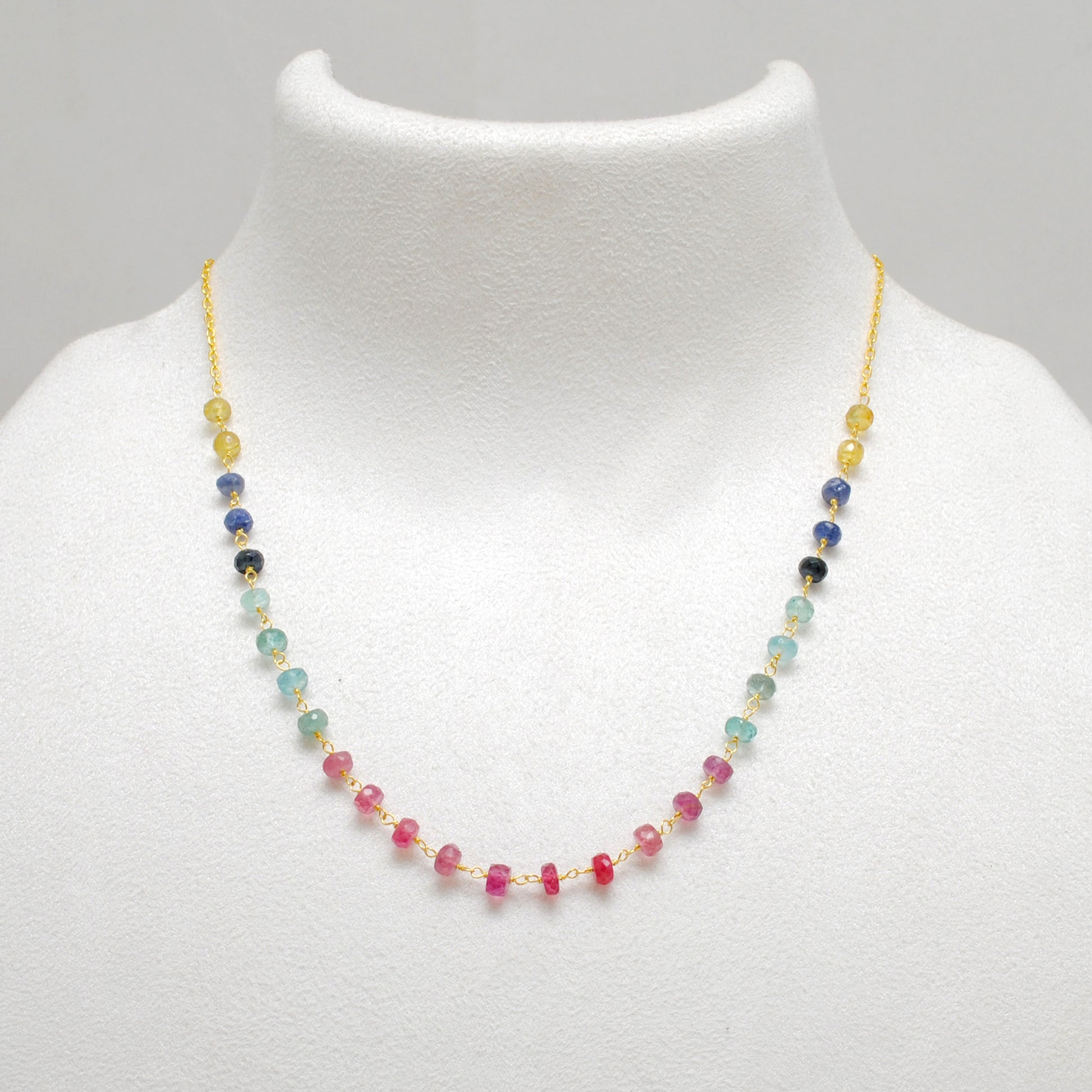 "Multi sapphire rondelle beaded necklace with sterling silver clasp, 18 inch handmade colorful gemstone jewelry."