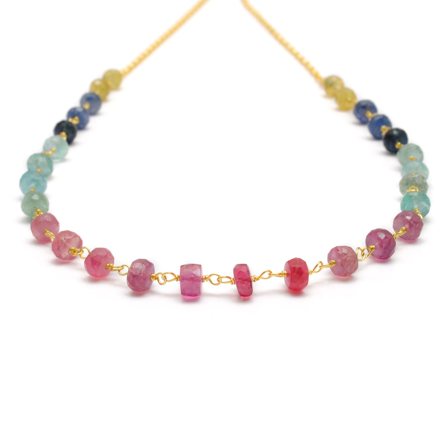 "Multi sapphire rondelle beaded necklace with sterling silver clasp, 18 inch handmade colorful gemstone jewelry."