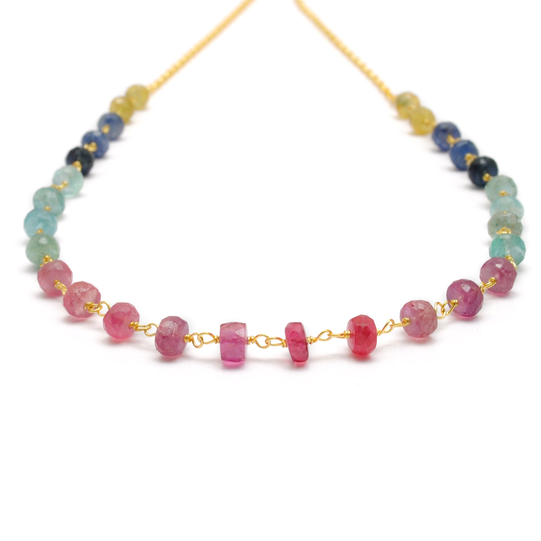 "Multi sapphire rondelle beaded necklace with sterling silver clasp, 18 inch handmade colorful gemstone jewelry."