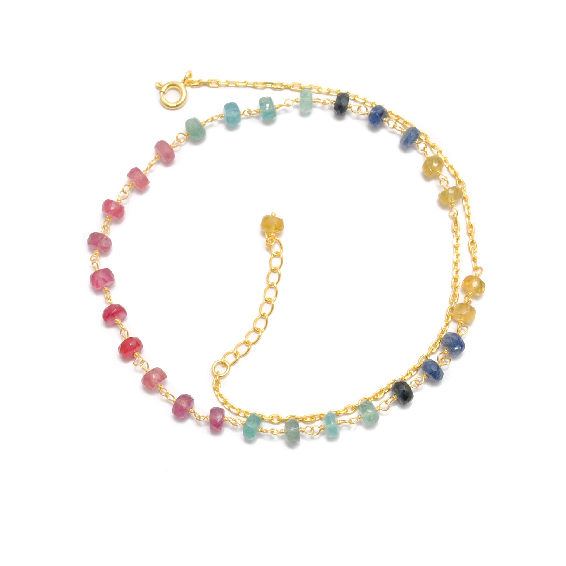 "Multi sapphire rondelle beaded necklace with sterling silver clasp, 18 inch handmade colorful gemstone jewelry."