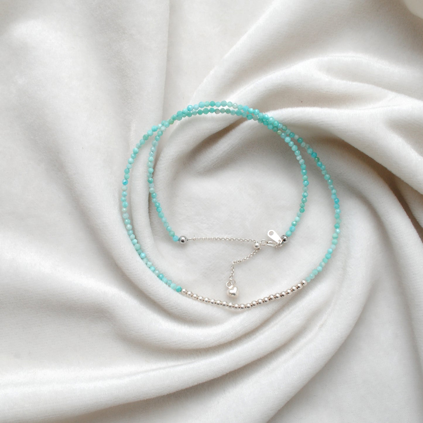 Amazonite Beaded Necklace with Sterling Silver – Micro Faceted 2mm Beads