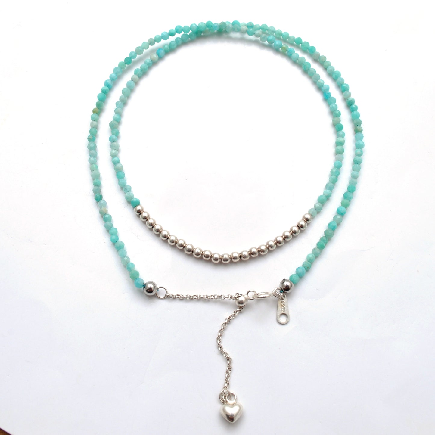 Amazonite Beaded Necklace with Sterling Silver – Micro Faceted 2mm Beads