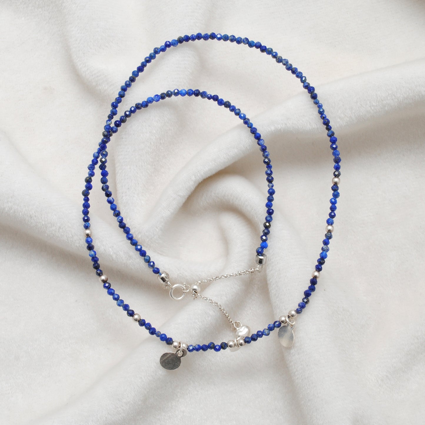 Lapis Lazuli Faceted Gemstone Beaded Silver Charm Necklace