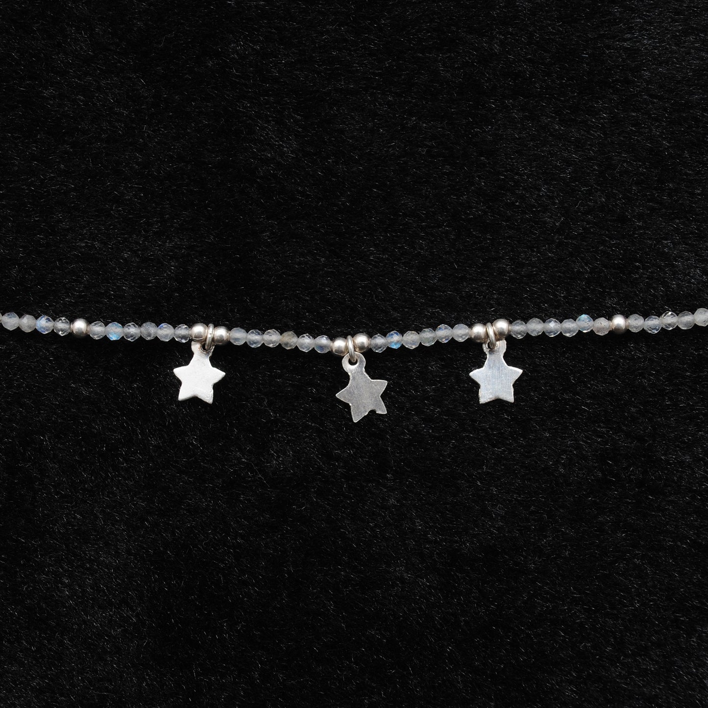 "Handmade labradorite beaded choker with sterling silver star charm, shimmering gemstone necklace with blue flash."
