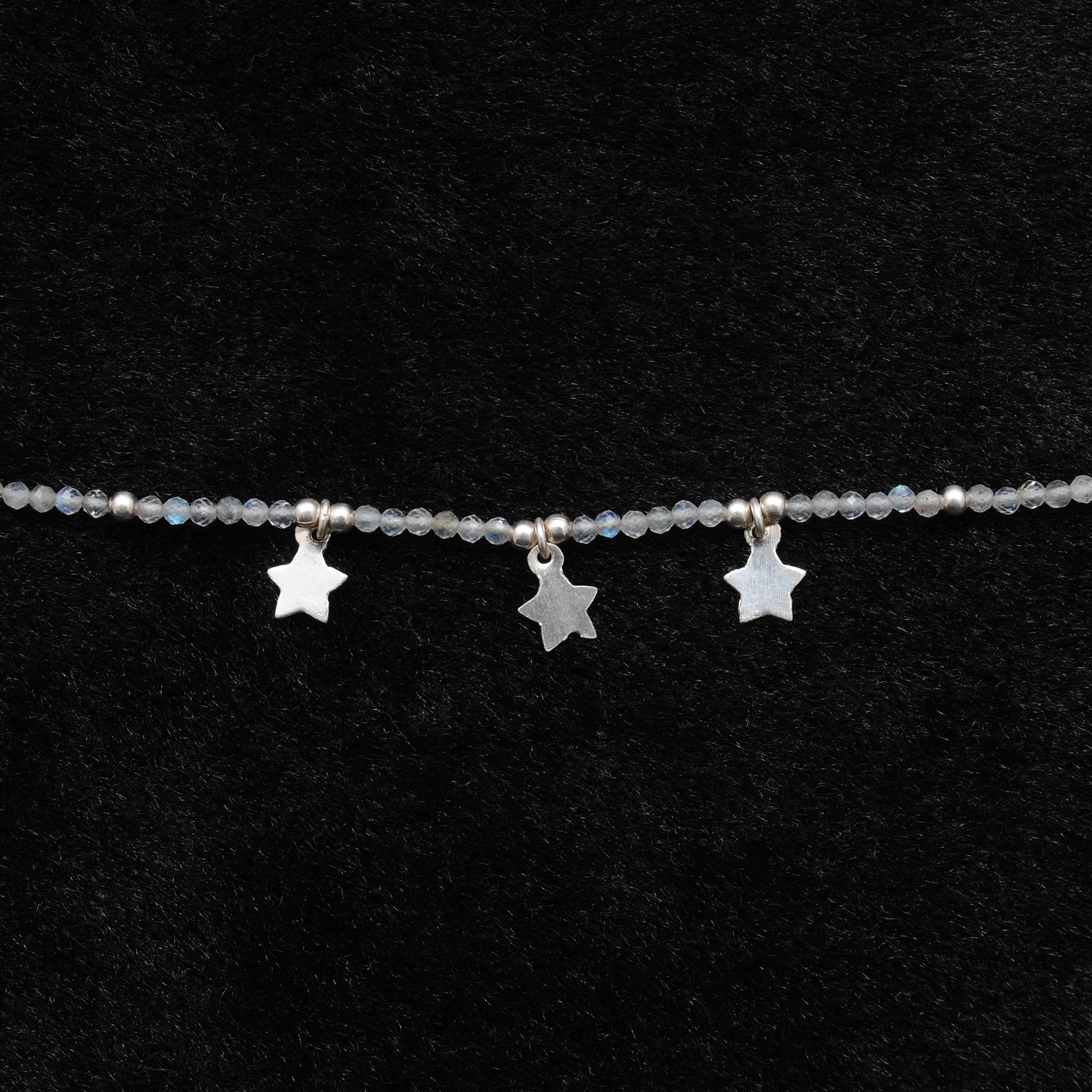 "Handmade labradorite beaded choker with sterling silver star charm, shimmering gemstone necklace with blue flash."