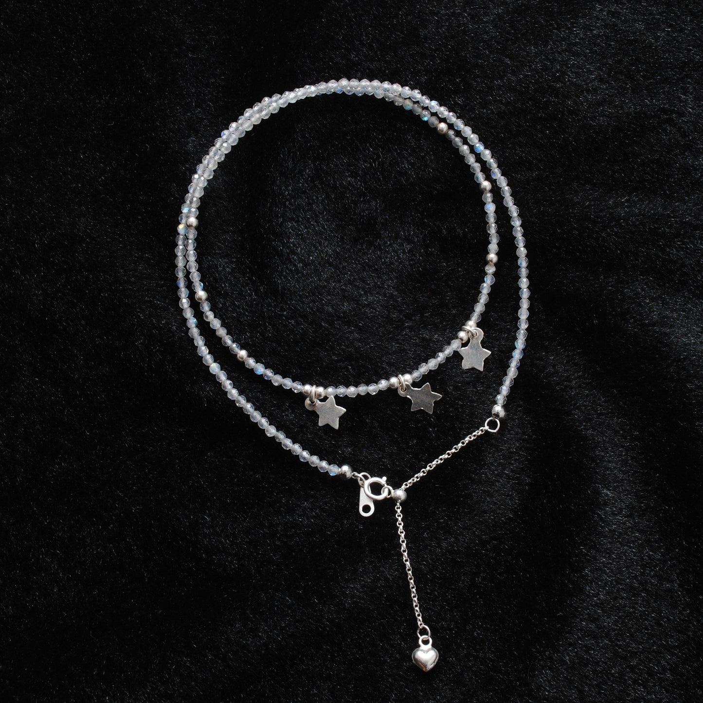 "Handmade labradorite beaded choker with sterling silver star charm, shimmering gemstone necklace with blue flash."