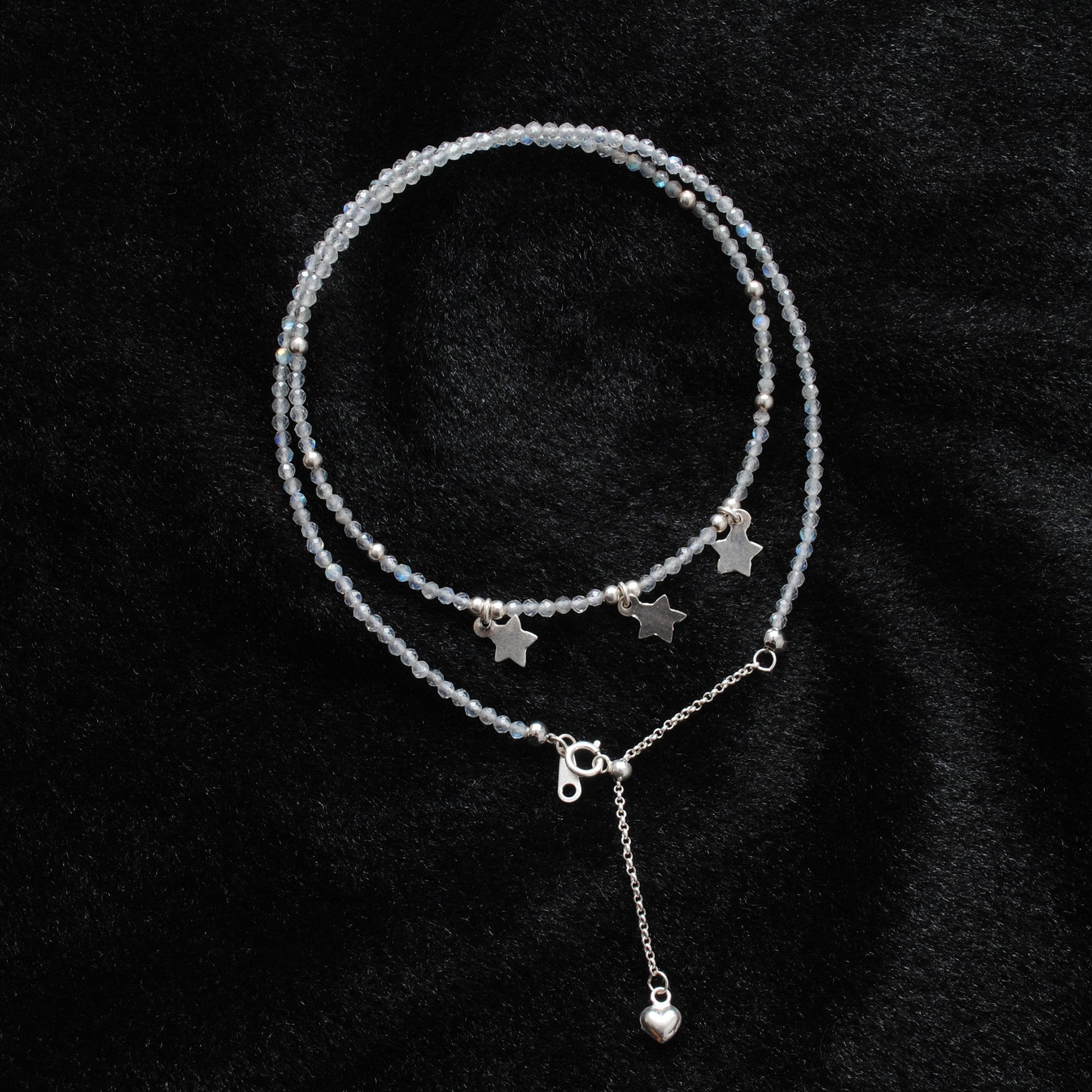 "Handmade labradorite beaded choker with sterling silver star charm, shimmering gemstone necklace with blue flash."