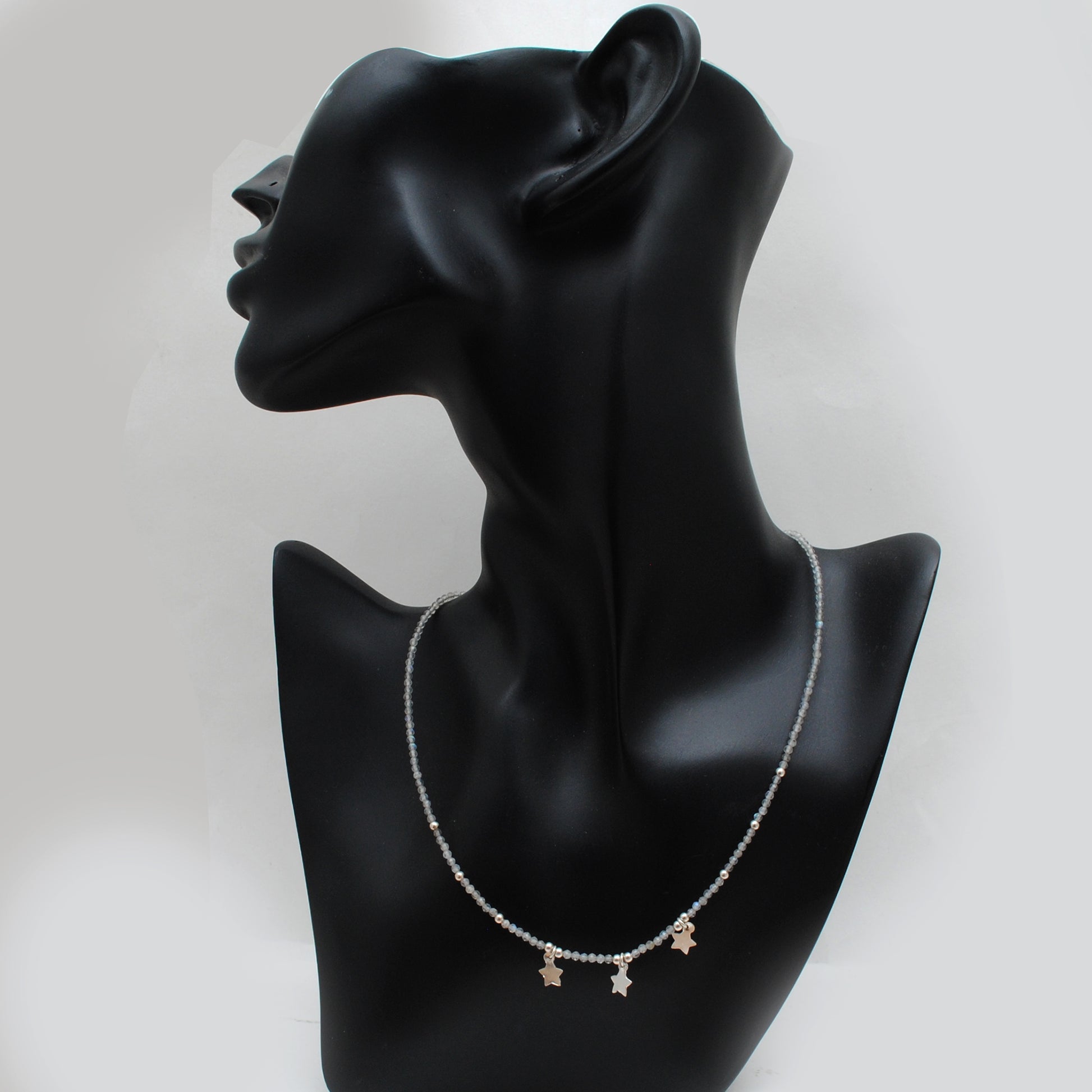 "Handmade labradorite beaded choker with sterling silver star charm, shimmering gemstone necklace with blue flash."