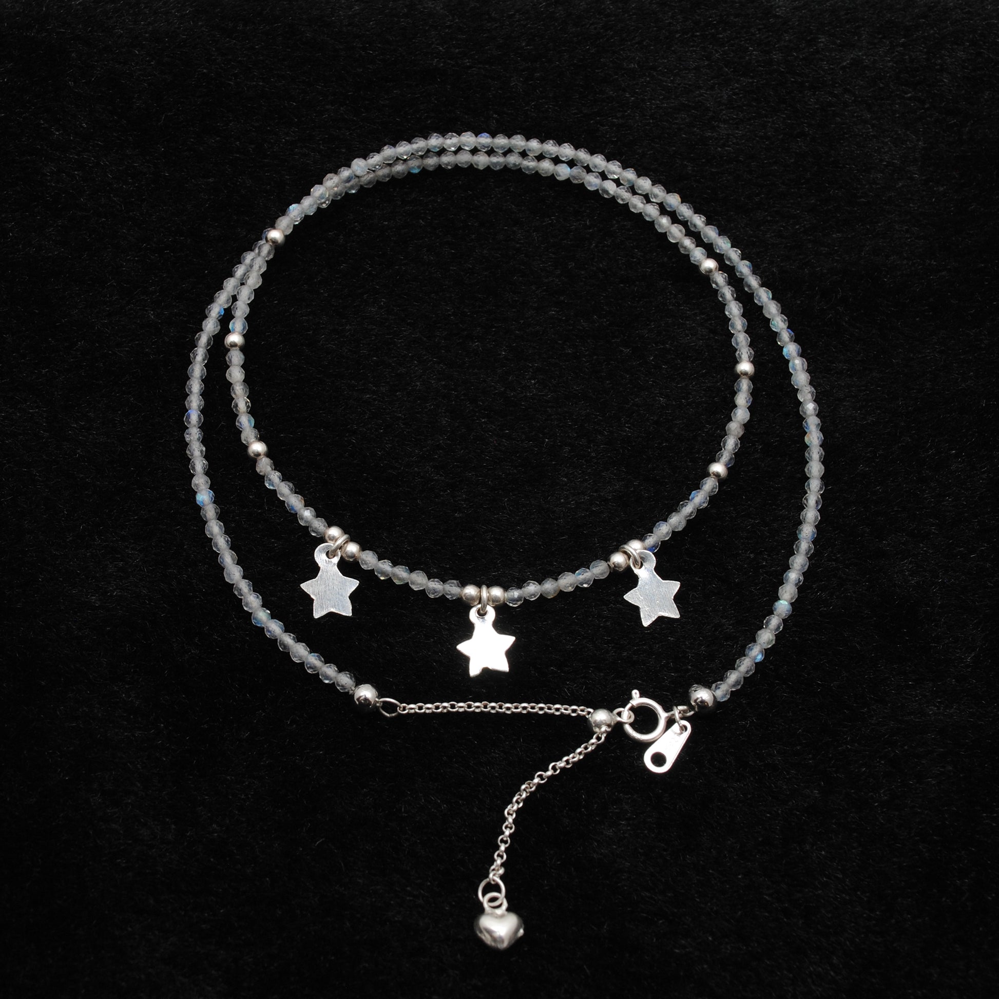 "Handmade labradorite beaded choker with sterling silver star charm, shimmering gemstone necklace with blue flash."