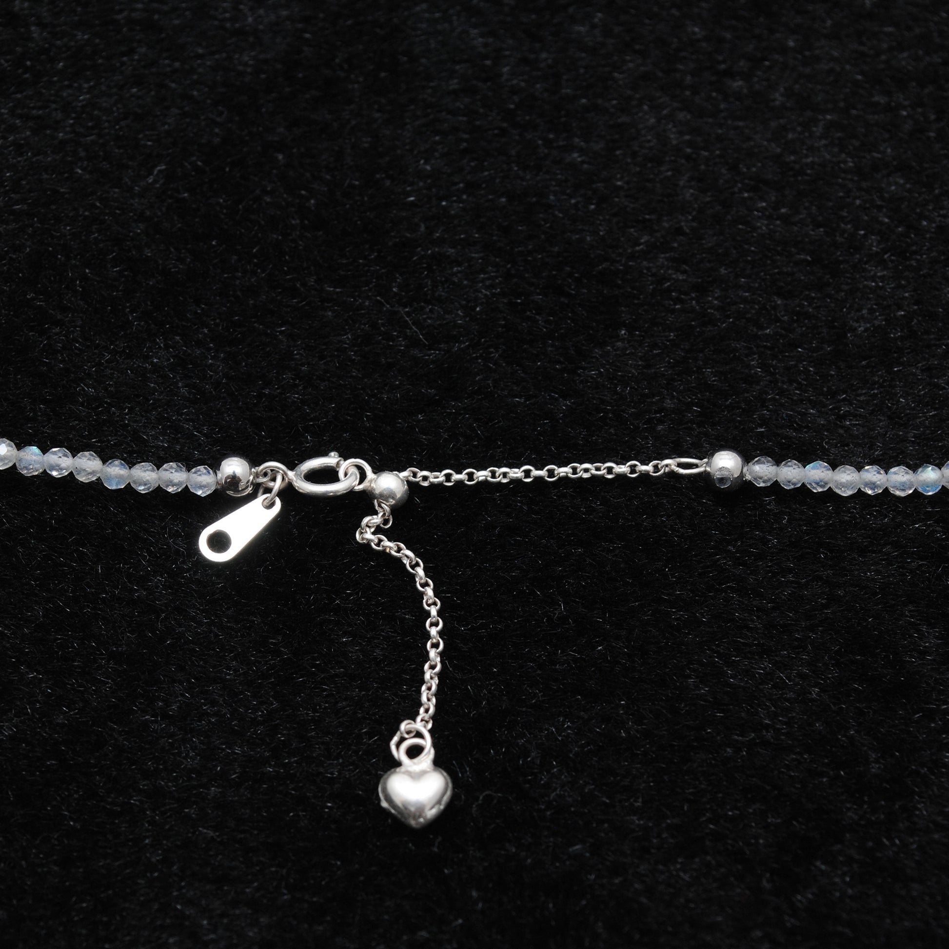 "Handmade labradorite beaded choker with sterling silver star charm, shimmering gemstone necklace with blue flash."