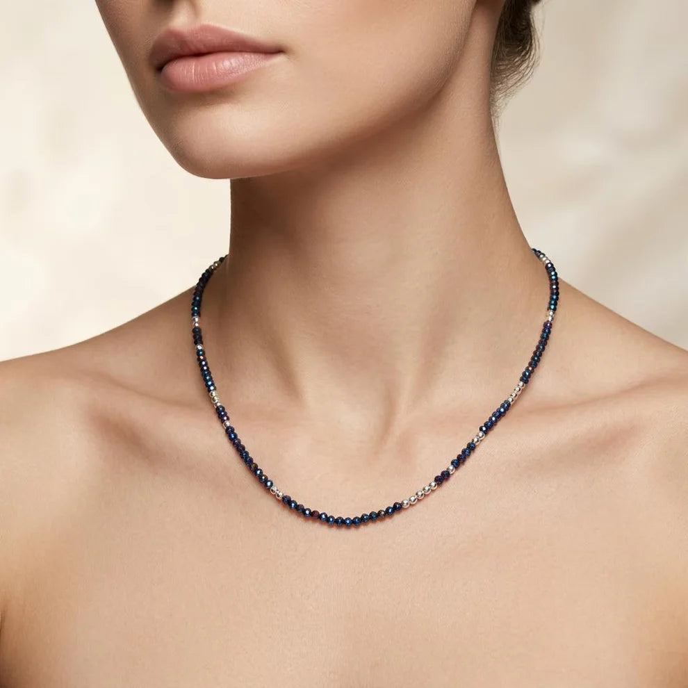 Black Spinel Blue Mystic Coated 925 Sterling Silver Beaded Necklace