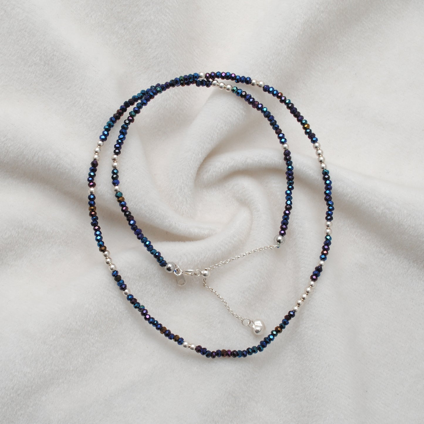 Black Spinel Blue Mystic Coated 925 Sterling Silver Beaded Necklace