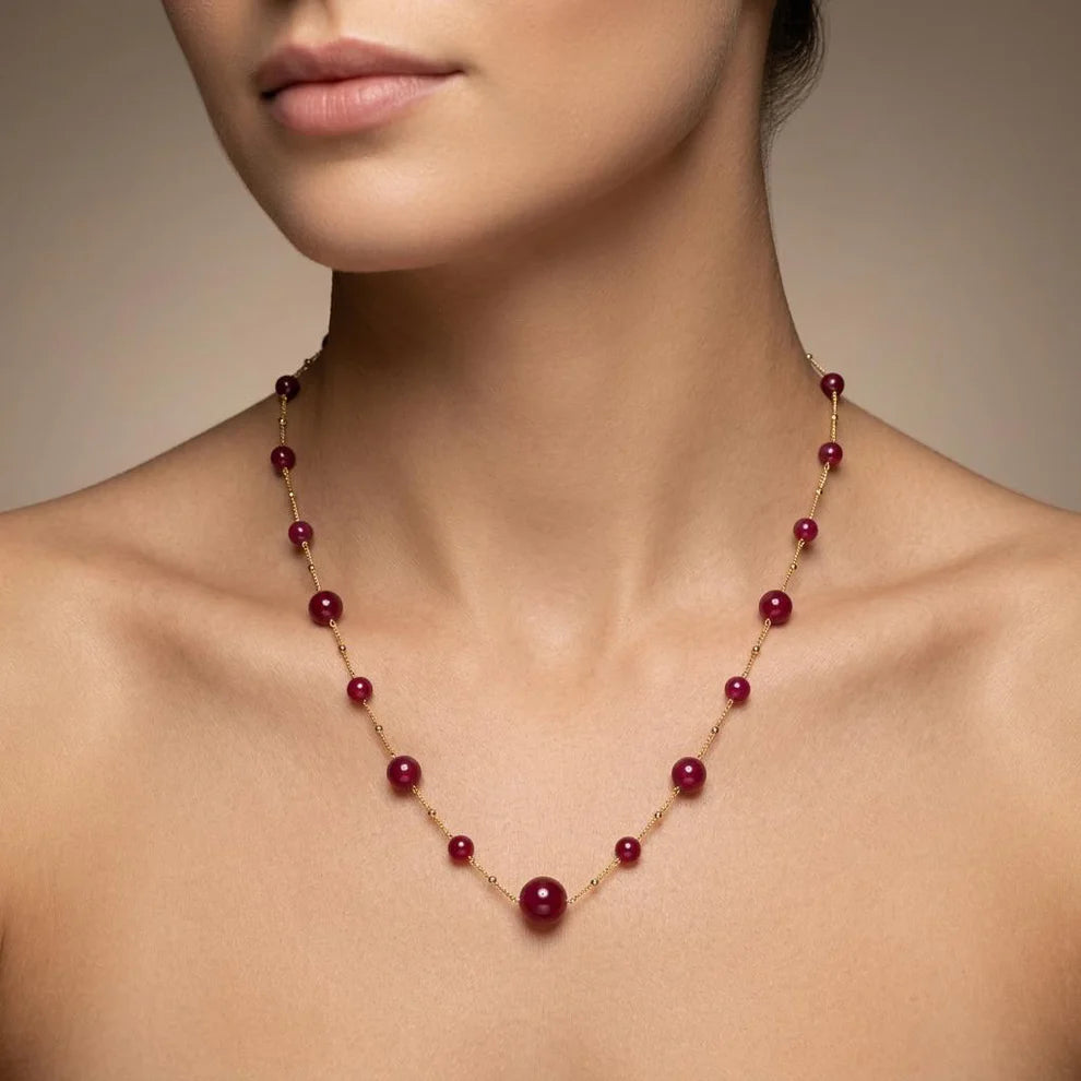 Natural Ruby Ball Bead Necklace | Sterling Silver Jewelry