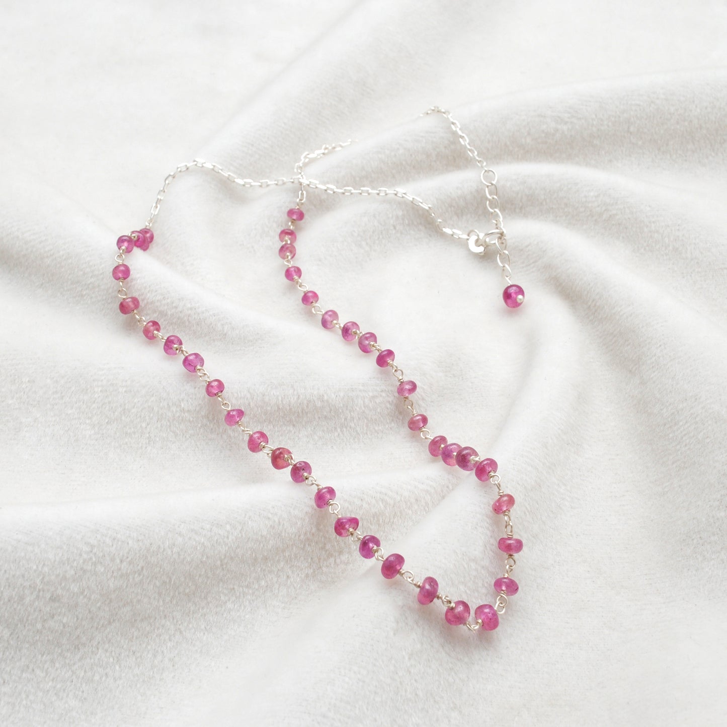"Elegant handmade ruby necklace with 925 sterling silver chain, dainty red gemstone jewelry for women."