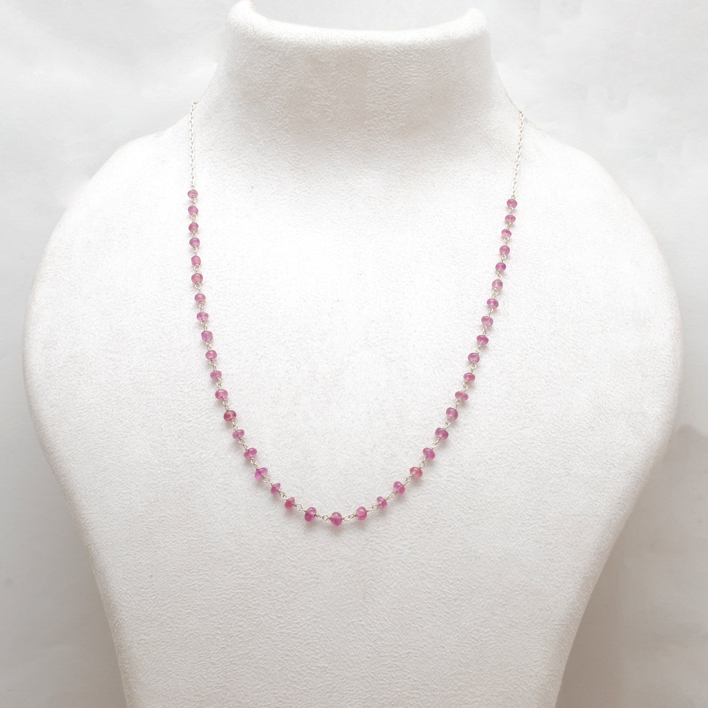 "Elegant handmade ruby necklace with 925 sterling silver chain, dainty red gemstone jewelry for women."