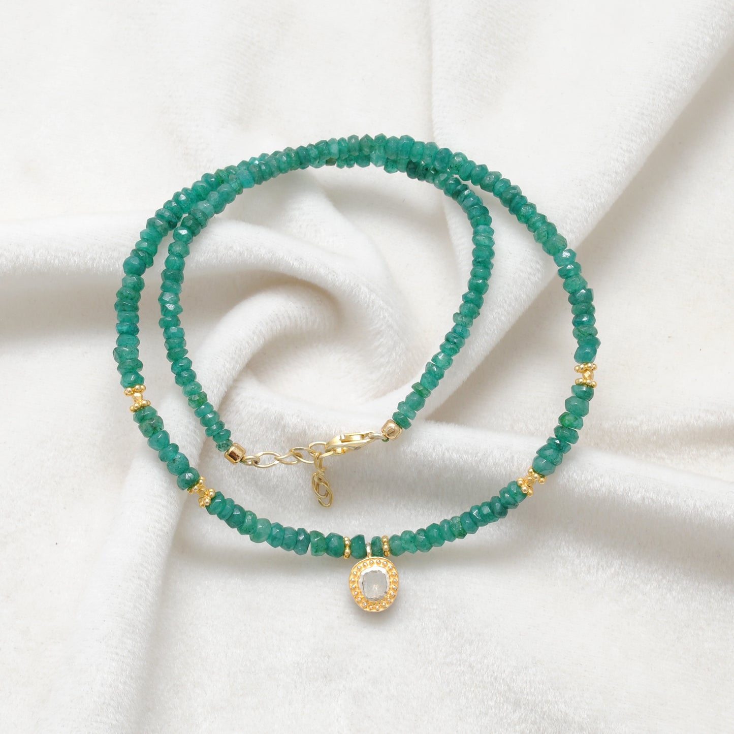 Emerald Rondelle Beaded Necklace with Diamond Pendant – Sterling Silver