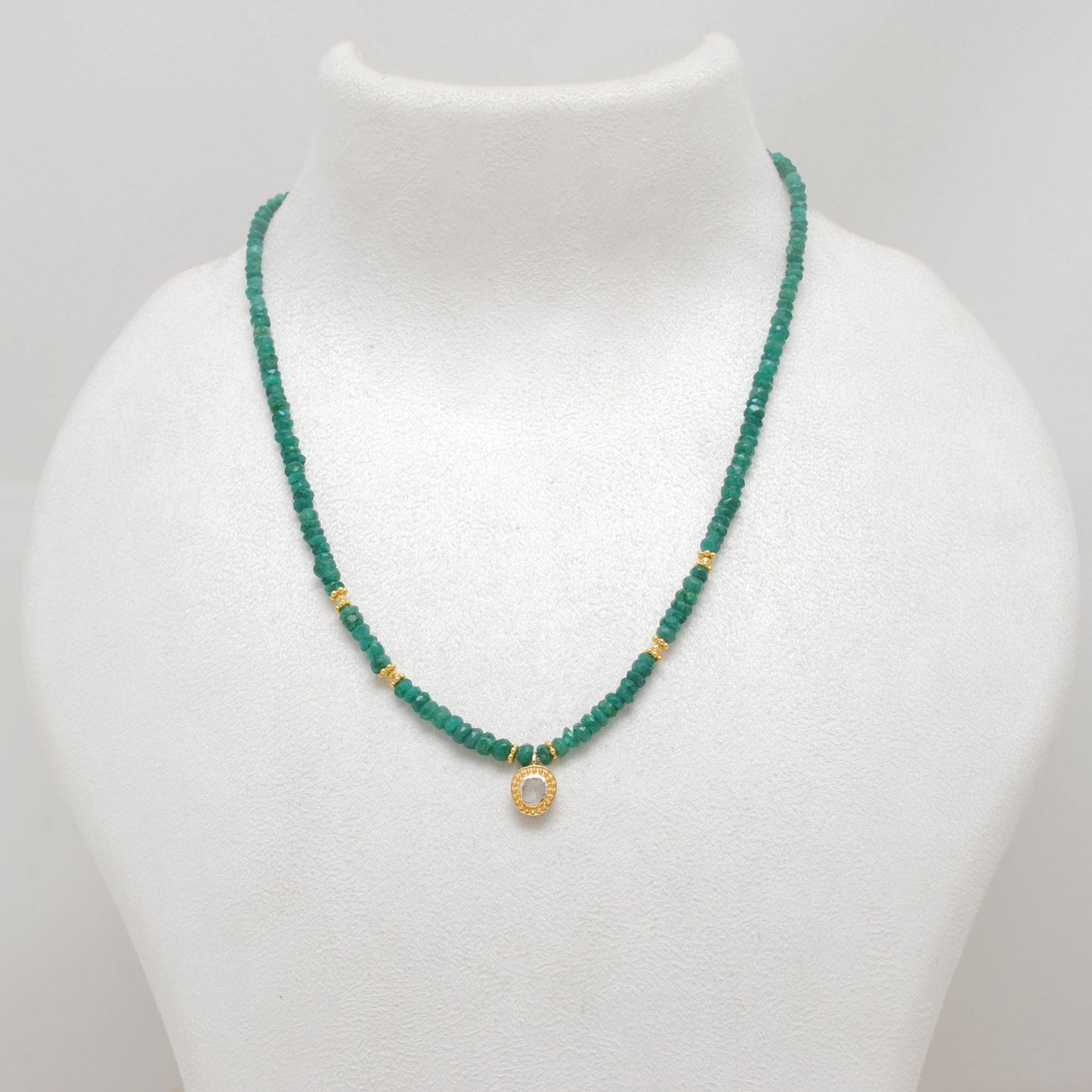 Emerald Rondelle Beaded Necklace with Diamond Pendant – Sterling Silver