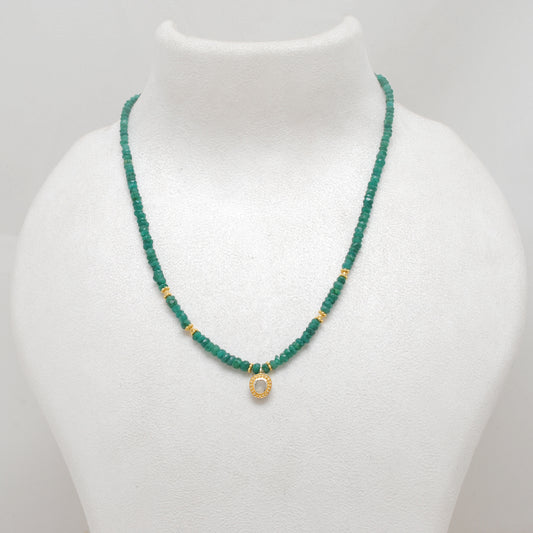 Emerald Rondelle Beaded Necklace with Diamond Pendant – Sterling Silver