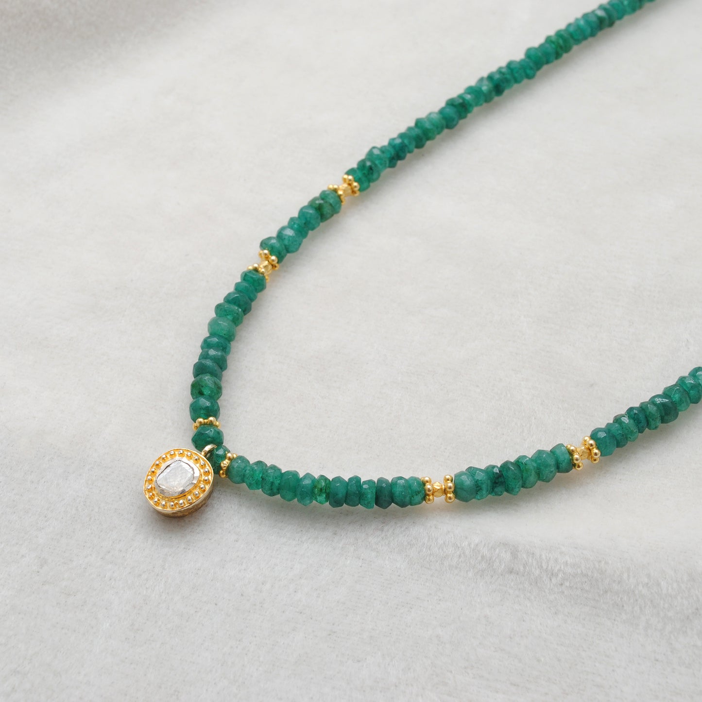 Emerald Rondelle Beaded Necklace with Diamond Pendant – Sterling Silver