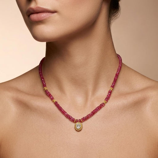 Ruby Beaded Choker Necklace | Sterling Silver, Gold Plated Diamond Pendant