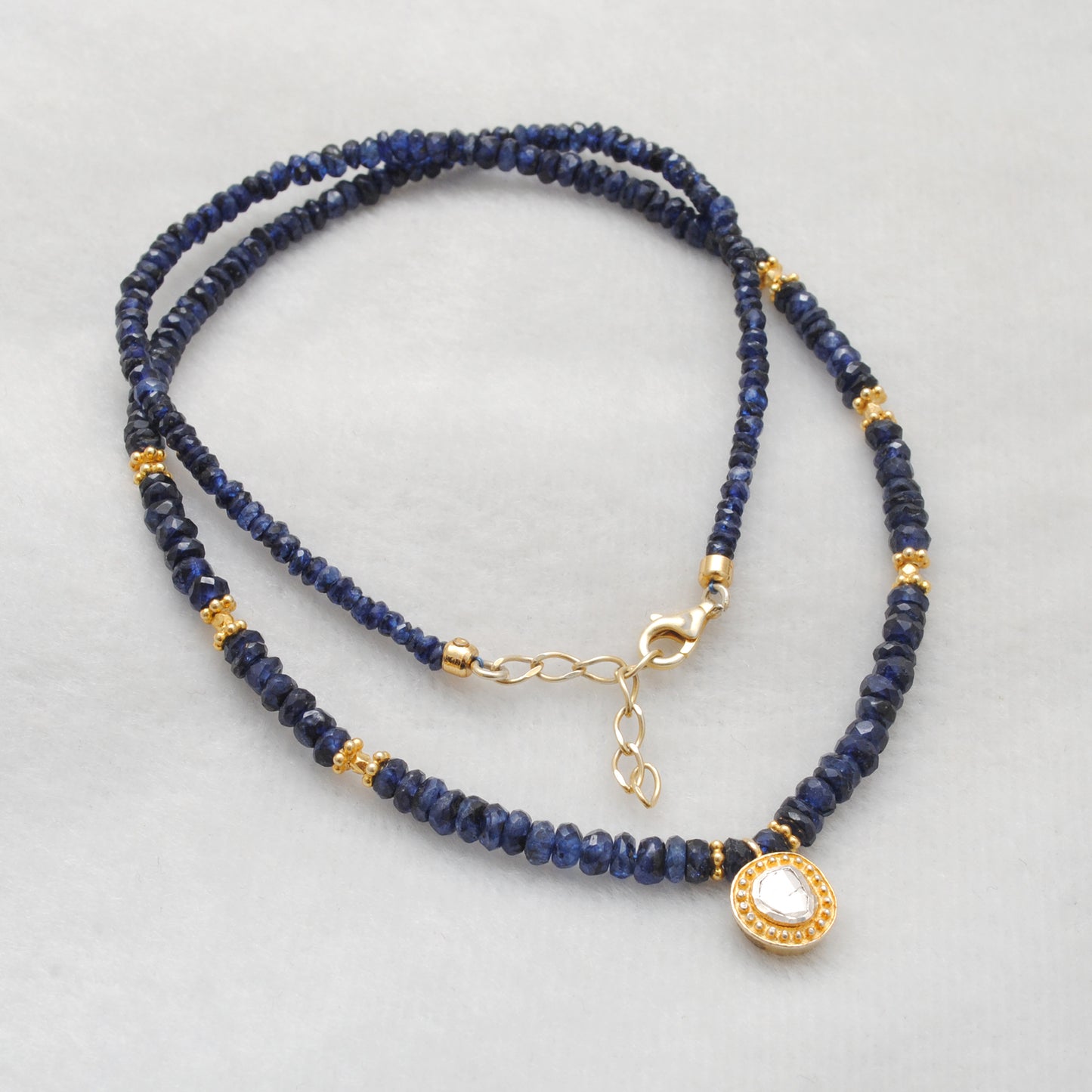 Elegant Blue Sapphire Necklace with Rose-Cut Diamond – Sterling Silver
