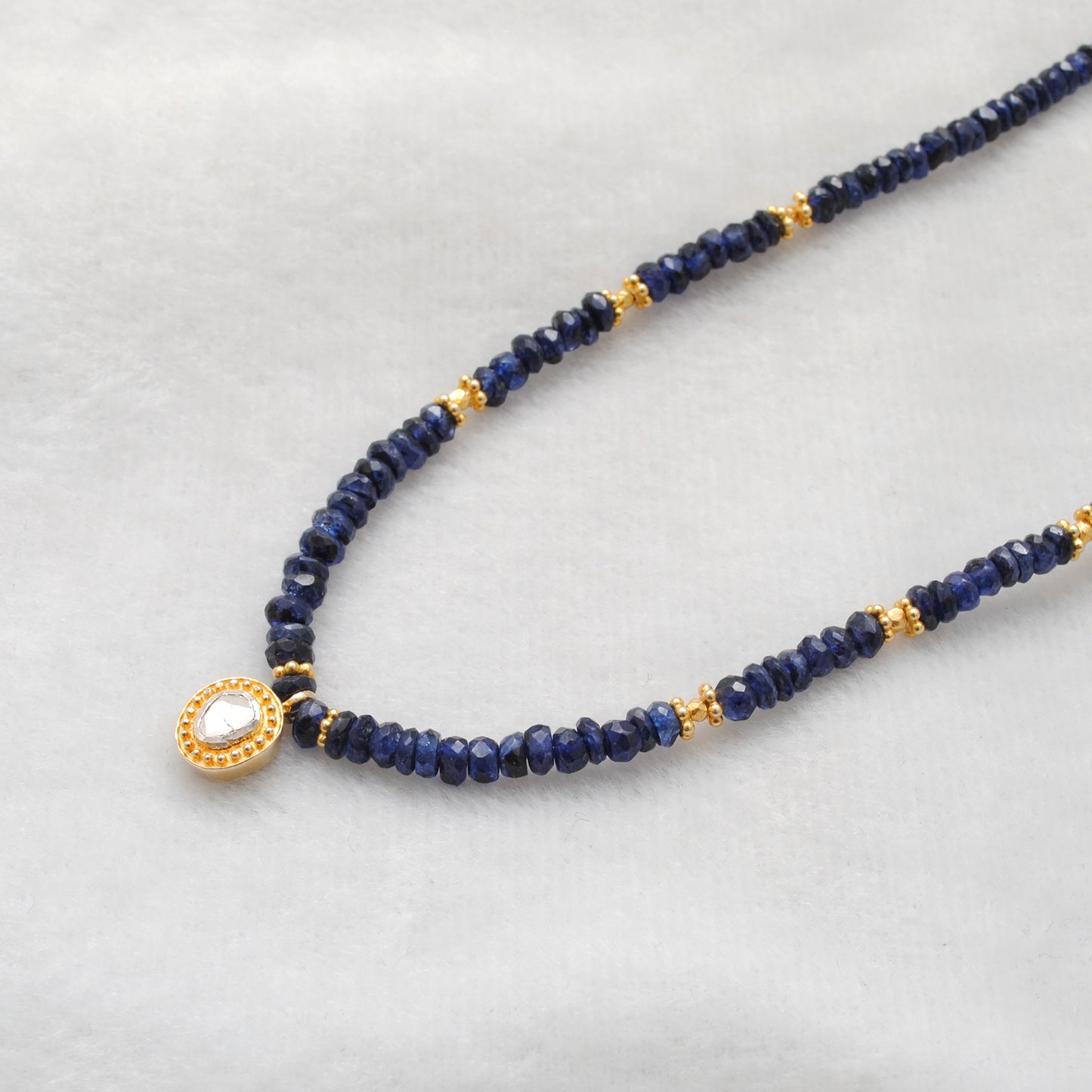 Elegant Blue Sapphire Necklace with Rose-Cut Diamond – Sterling Silver